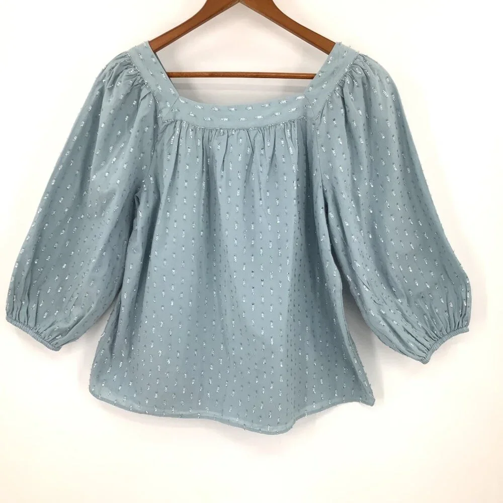 Lauren Conrad Women's L Light Blue Silver Cotton Puff Sleeve Square Neck Top - Picture 3 of 5